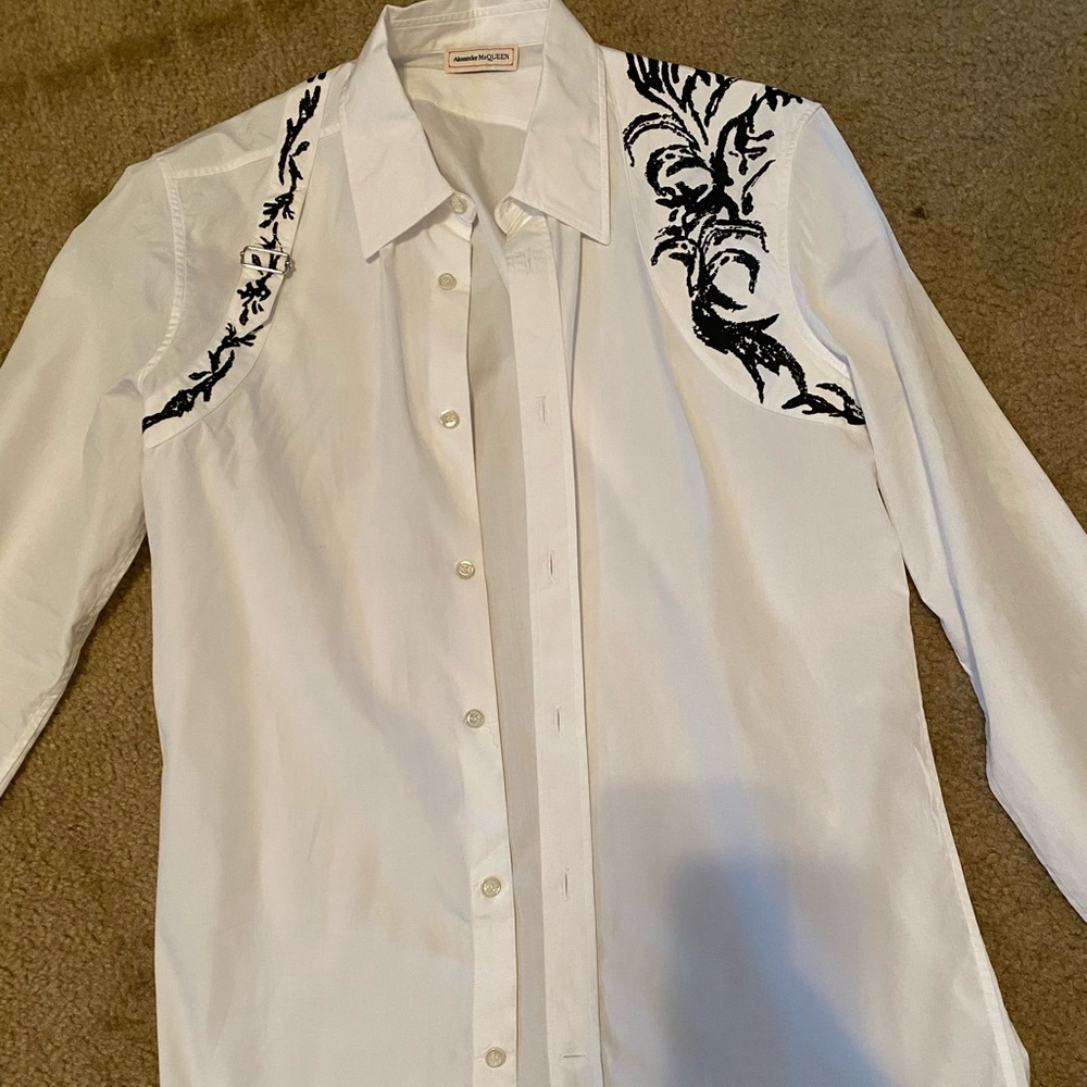Alexander McQueen White Shirt with Black Embroidery